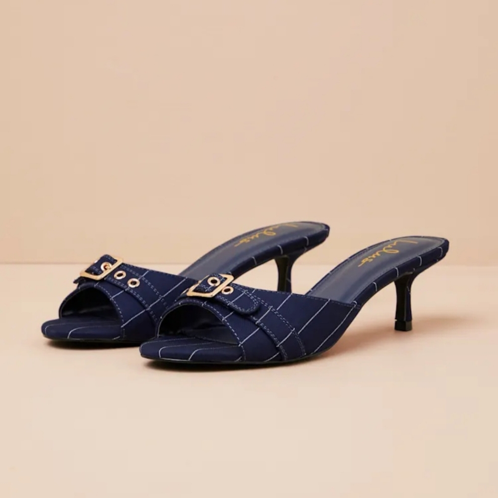 Navy Pinstriped Buckle Kitten Heel Slide Sandals
